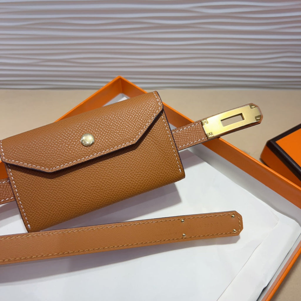 HM KELLY POCKET 18MM BELT CINNAMON BROWN LEATHER GOLD HARDWARE
