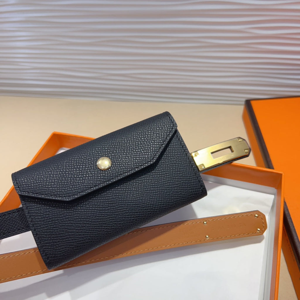 HM KELLY POCKET 18MM BELT BLACK LEATHER GOLD HARDWARE