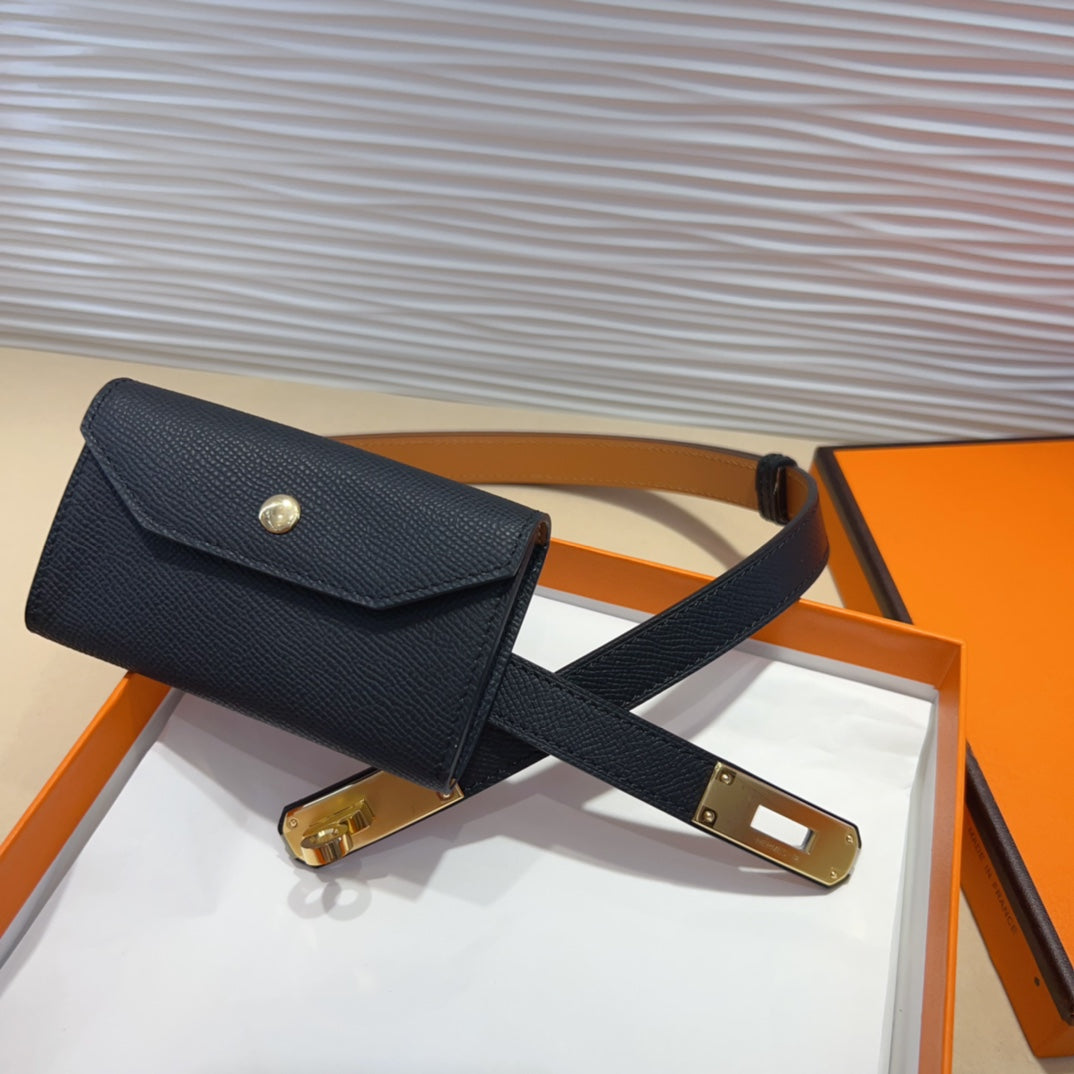 HM KELLY POCKET 18MM BELT BLACK LEATHER GOLD HARDWARE