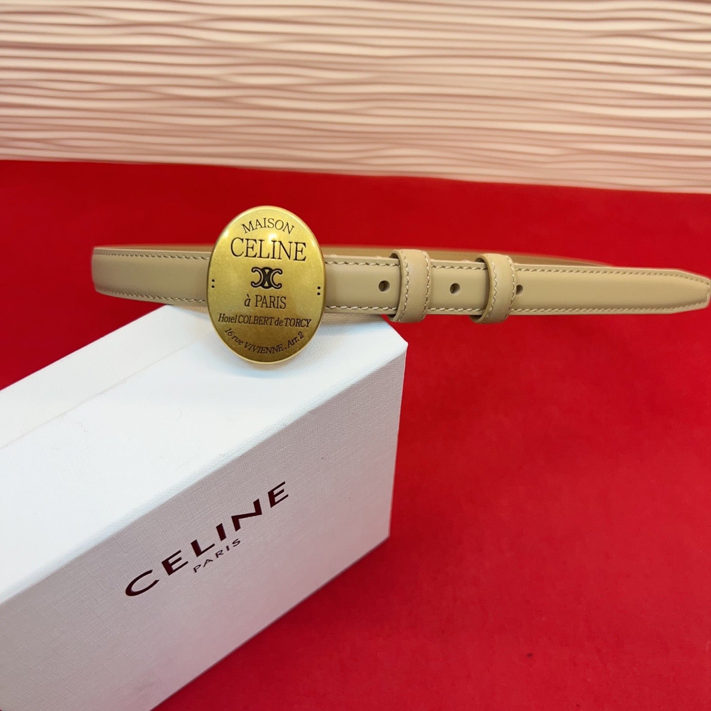 Celine Teen Maison Belt 2.5cm Beige Gold Calfskin 201442