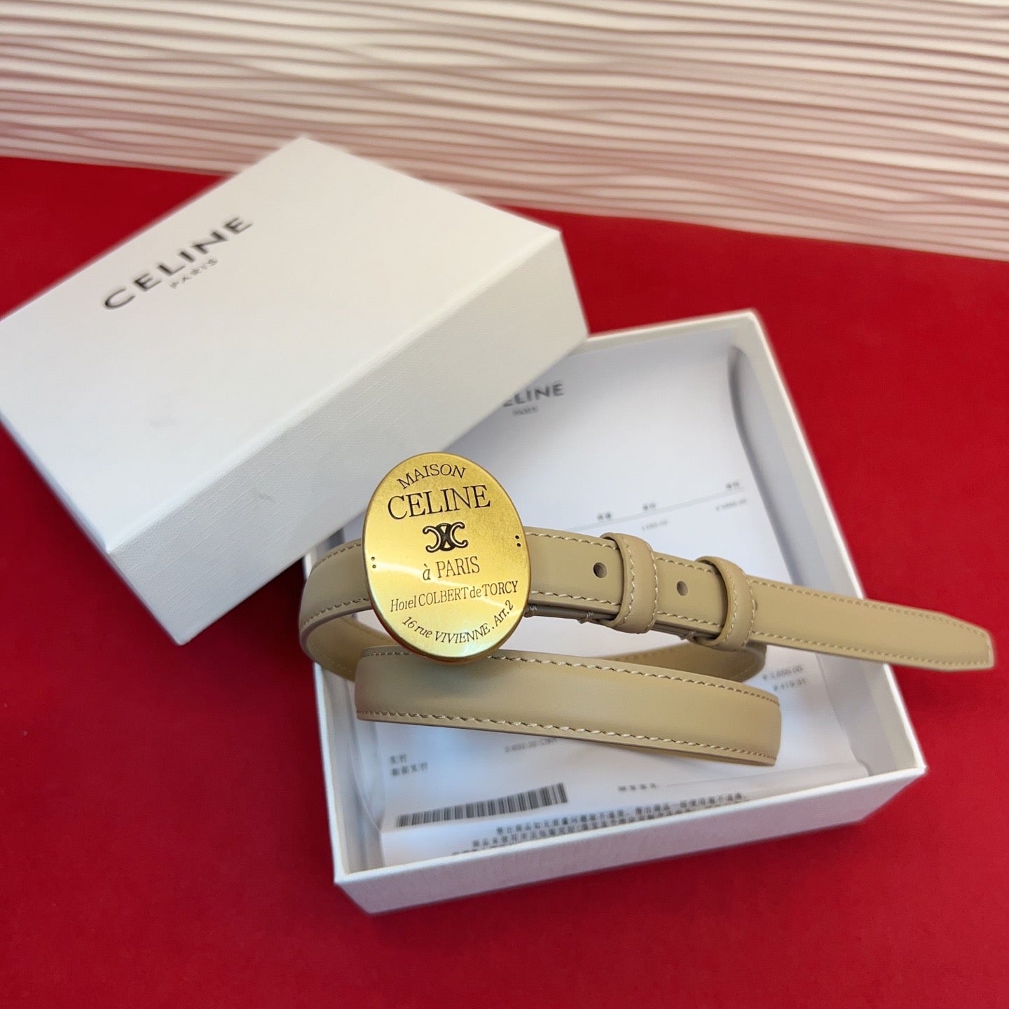 Celine Teen Maison Belt 2.5cm Beige Gold Calfskin 201442