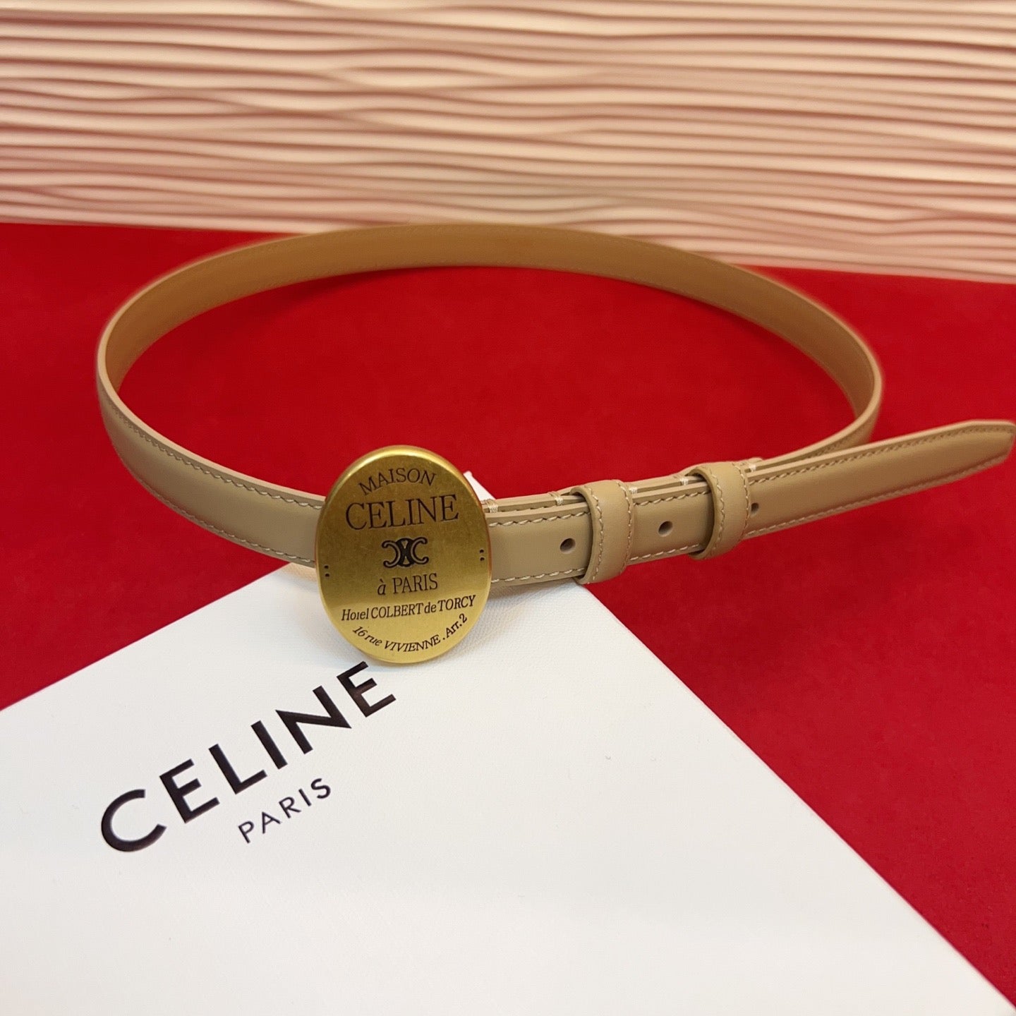 Celine Teen Maison Belt 2.5cm Beige Gold Calfskin 201442
