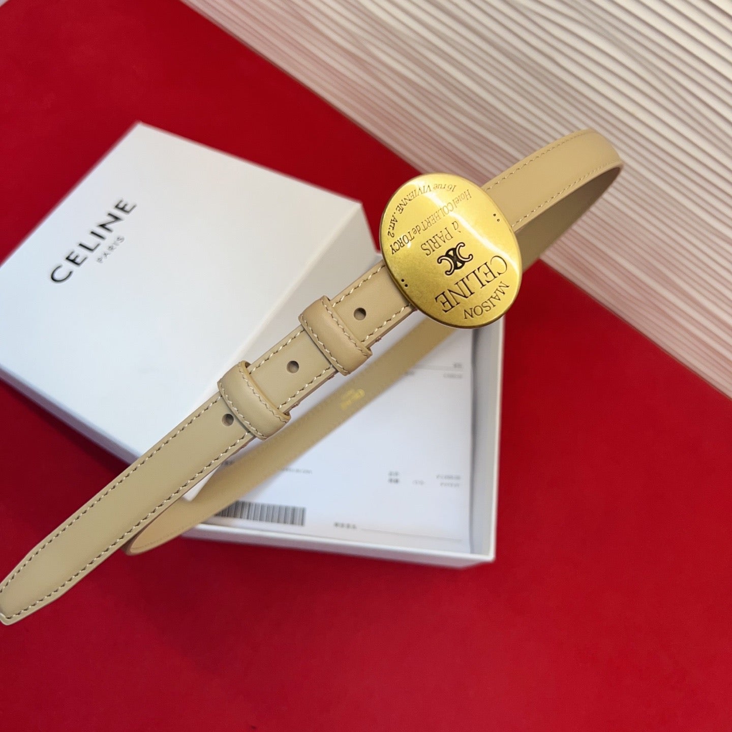 Celine Teen Maison Belt 2.5cm Beige Gold Calfskin 201442