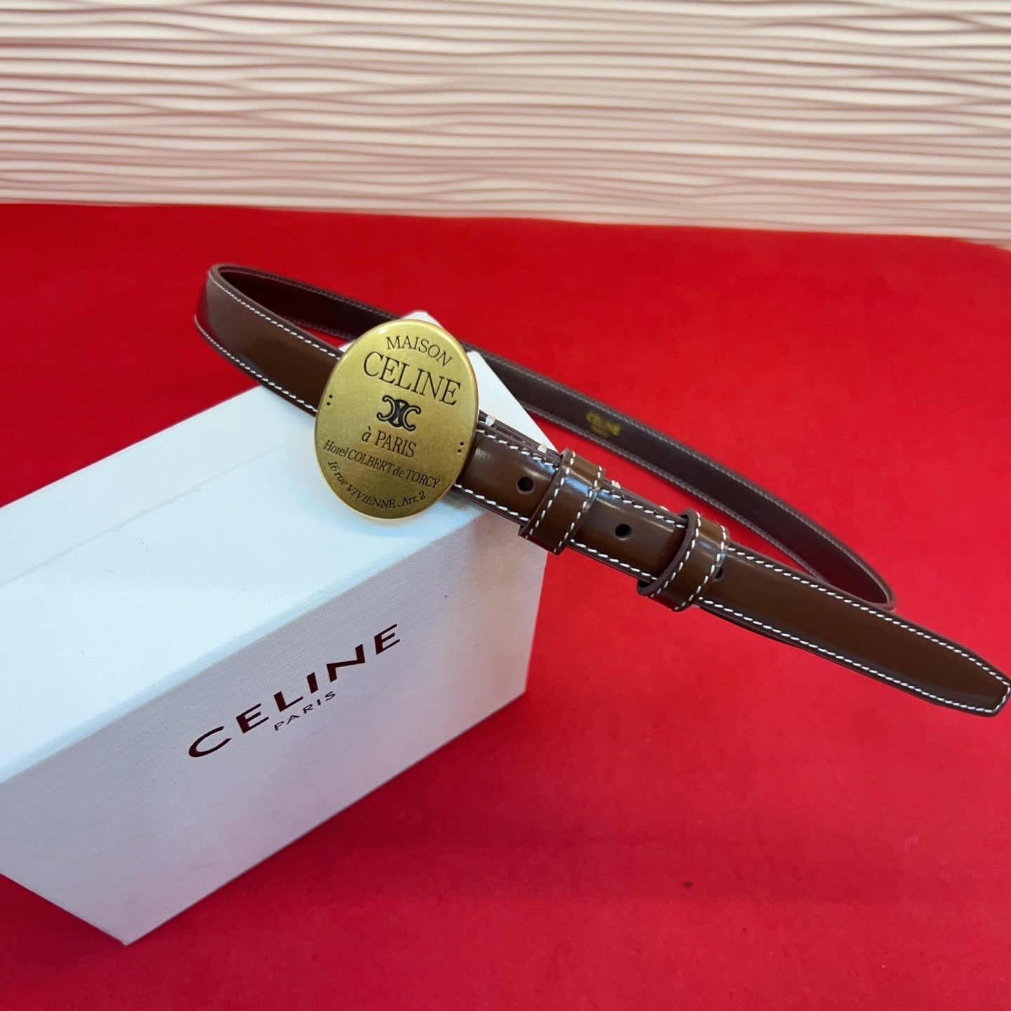 Celine Teen Maison Belt 2.5cm Coffee Gold Patent Calfskin 201443