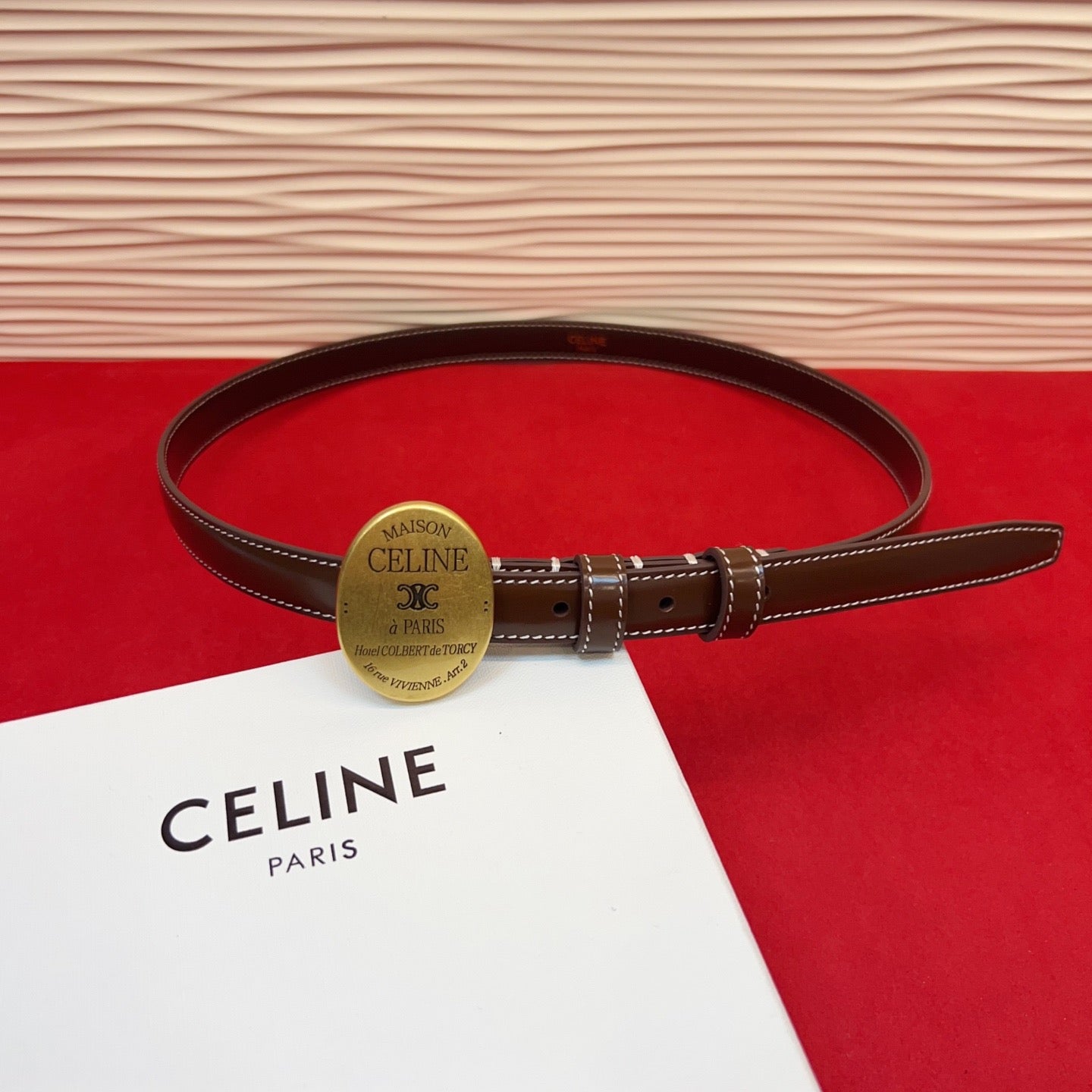 Celine Teen Maison Belt 2.5cm Coffee Gold Patent Calfskin 201443