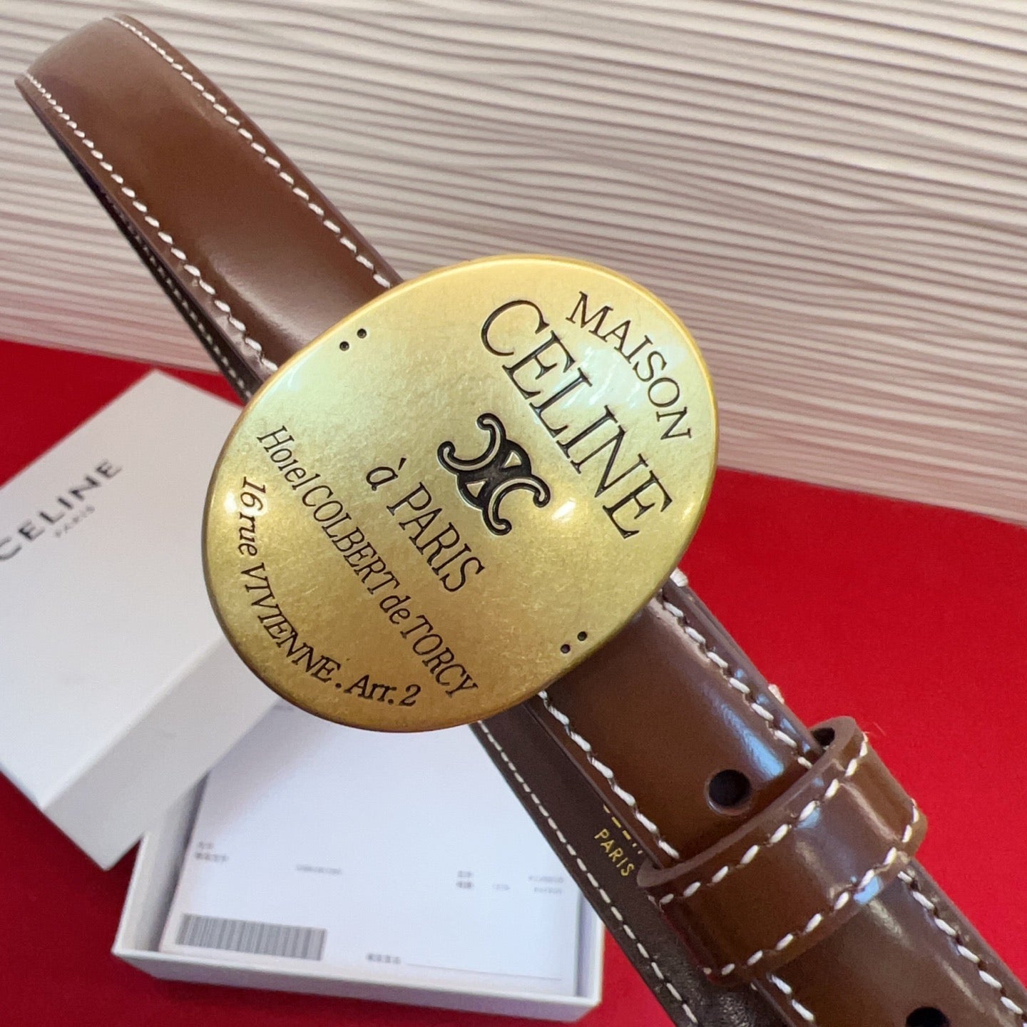 Celine Teen Maison Belt 2.5cm Coffee Gold Patent Calfskin 201443