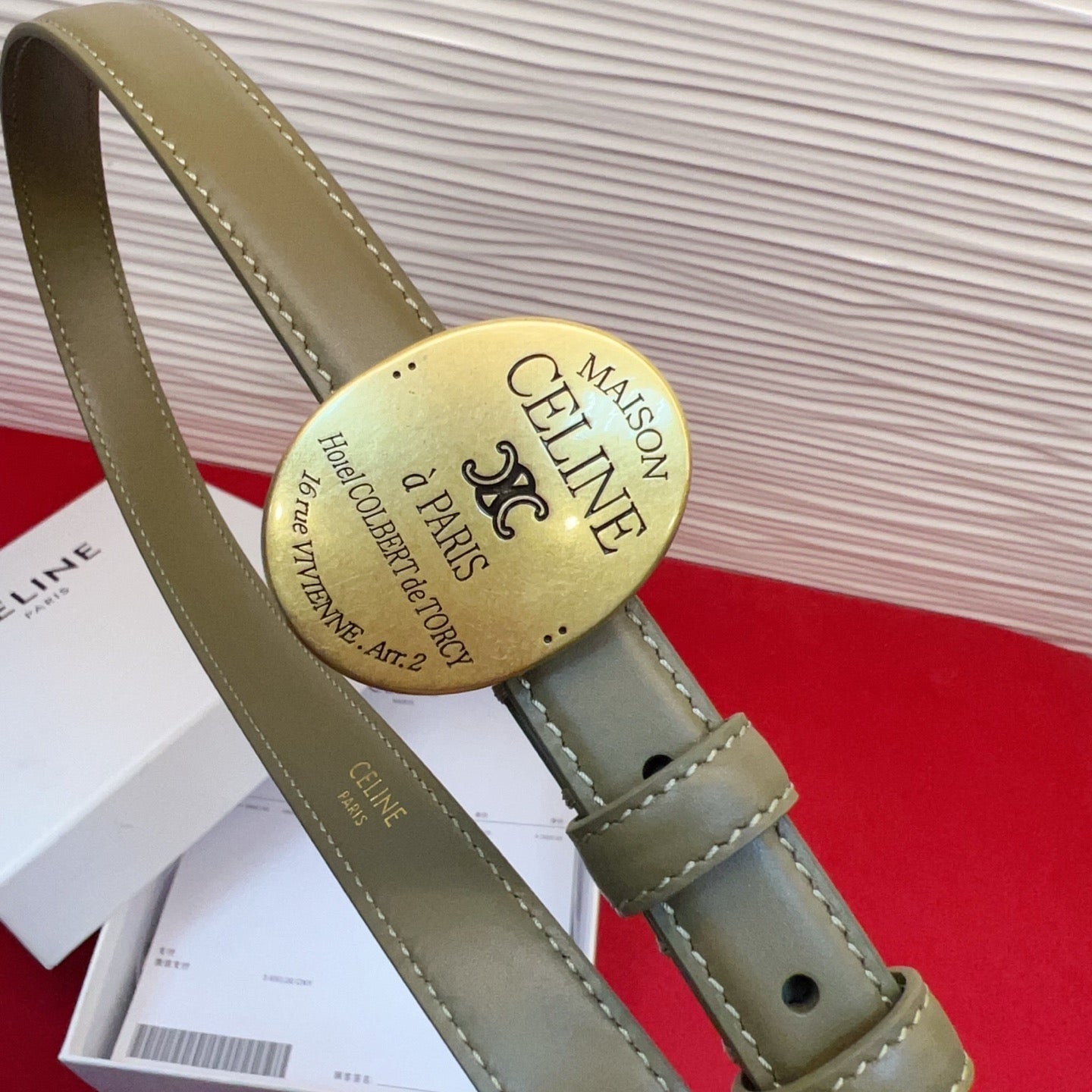 Celine Teen Maison Belt 2.5cm Taupe Gold Calfskin 201444
