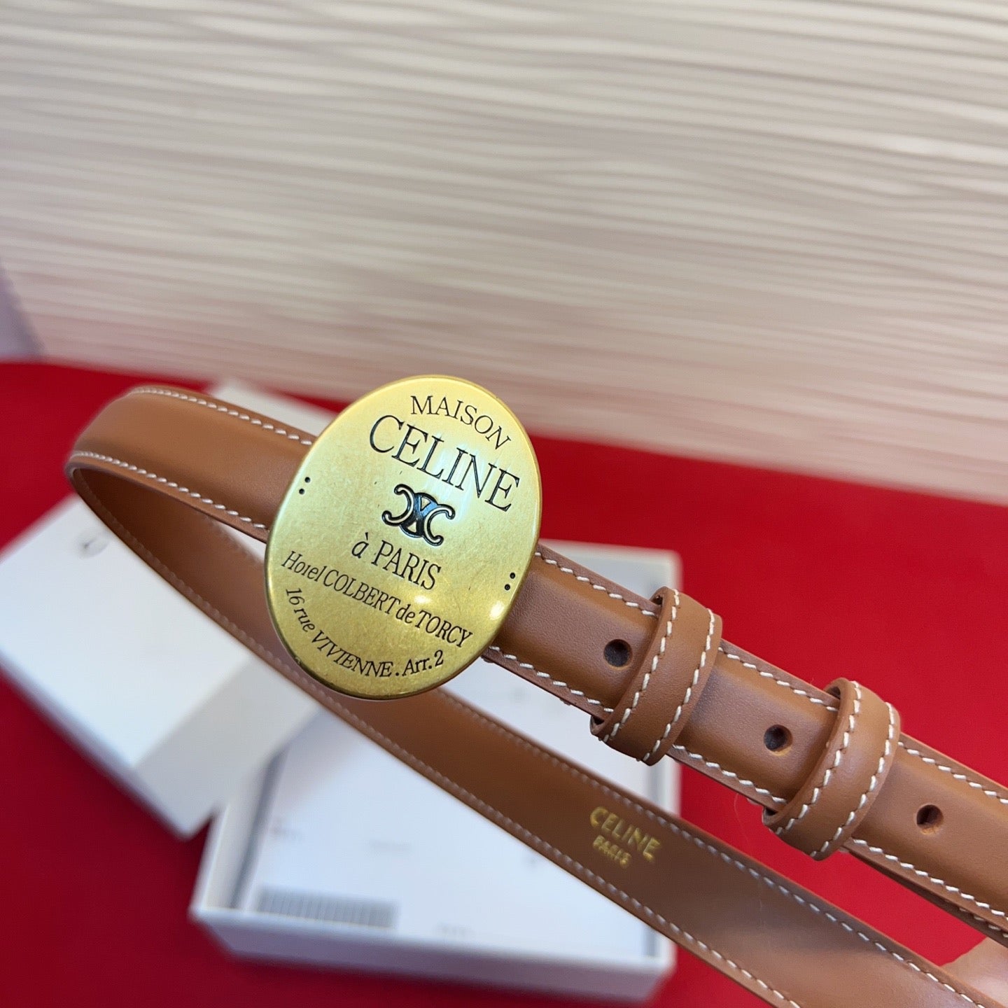 Celine Teen Maison Belt 2.5cm Brown Gold Calfskin 201445
