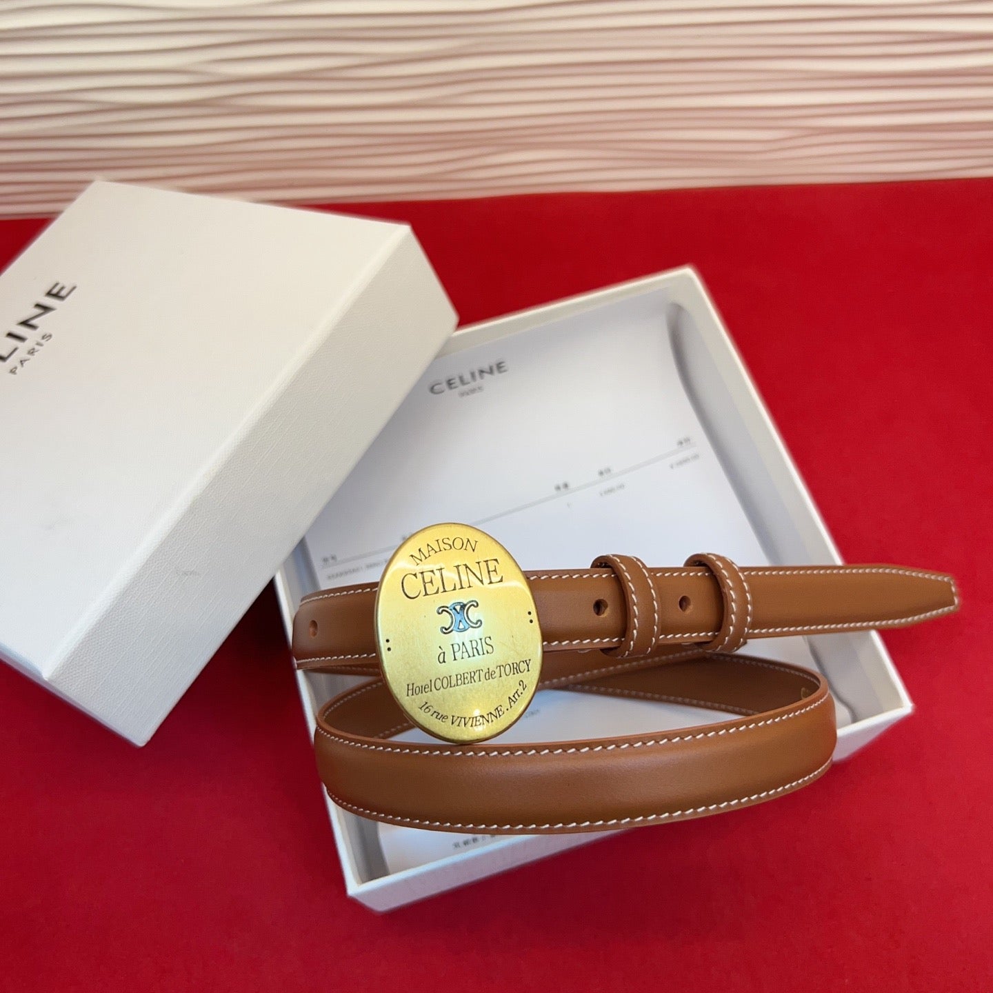 Celine Teen Maison Belt 2.5cm Brown Gold Calfskin 201445