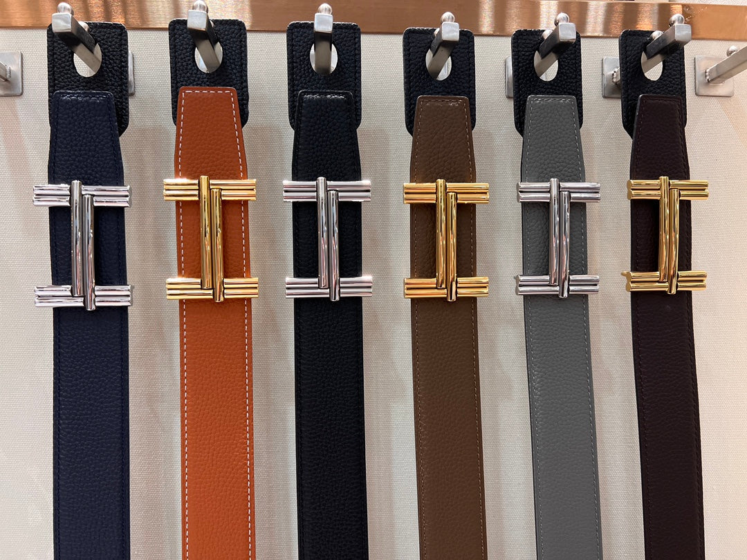 HM TRAVERSE BELT BUCKLE & REVERSIBLE BRONZE BROWN LEATHER STRAP 38 MM GOLD HARDWARE