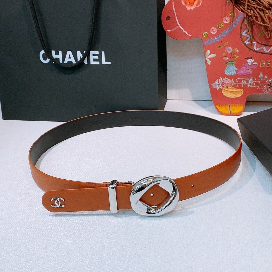 CC Pre 26s Belt 3.0cm Orange Sliver Calfskin 203379