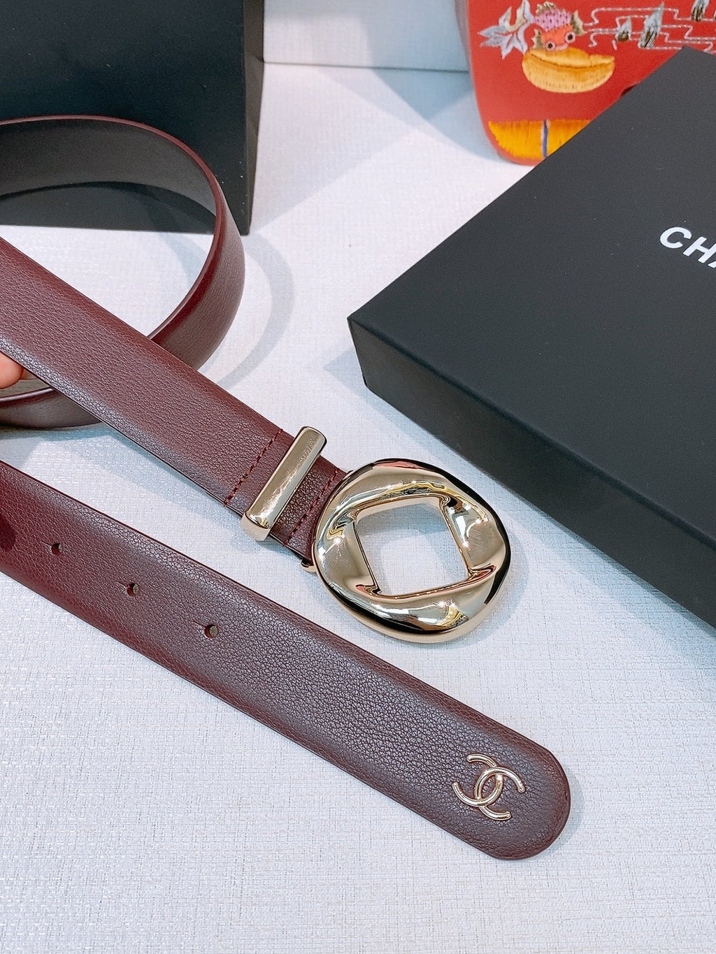 CC Pre 26s Belt 3.0cm Burgundy Light Gold Calfskin 203375