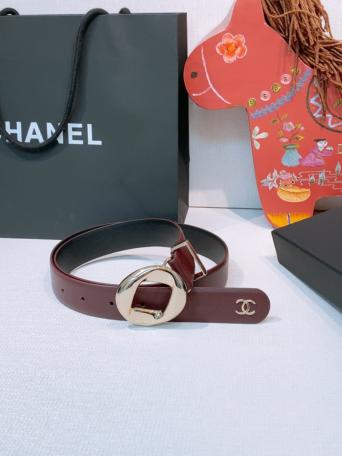 CC Pre 26s Belt 3.0cm Burgundy Light Gold Calfskin 203375