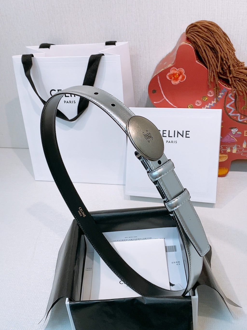 Celine Triomphe Oval Belt 2.5cm Sliver Calfskin 203769