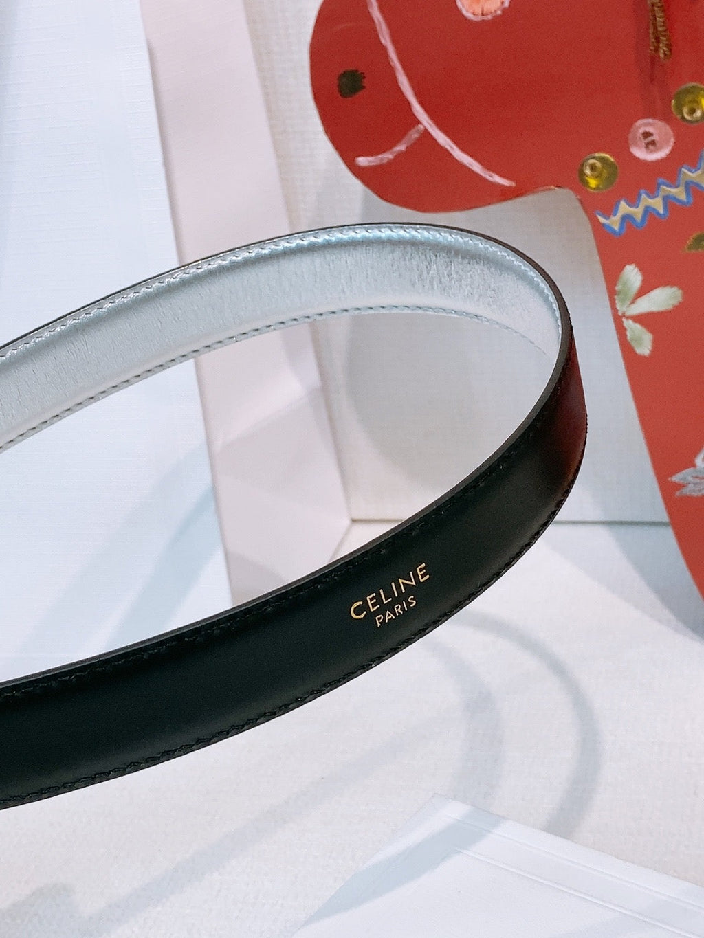 Celine Triomphe Oval Belt 2.5cm Sliver Calfskin 203769