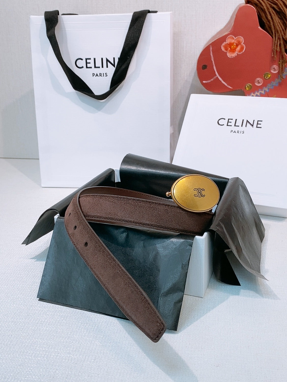Celine Triomphe Oval Belt 2.5cm Coffee Gold Calfskin 203768