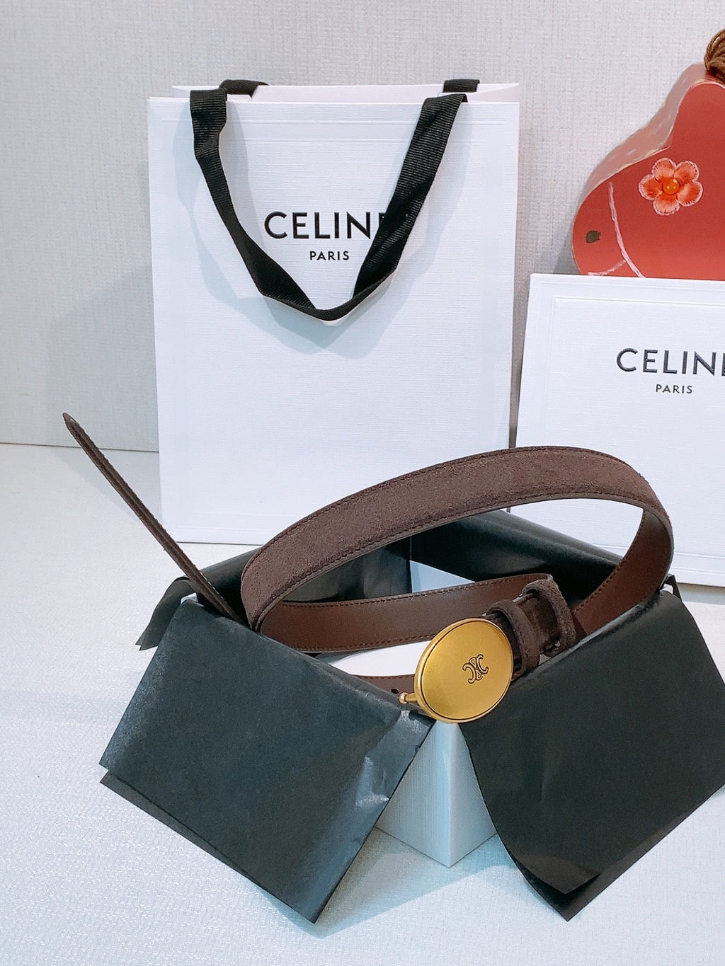 Celine Triomphe Oval Belt 2.5cm Coffee Gold Calfskin 203768