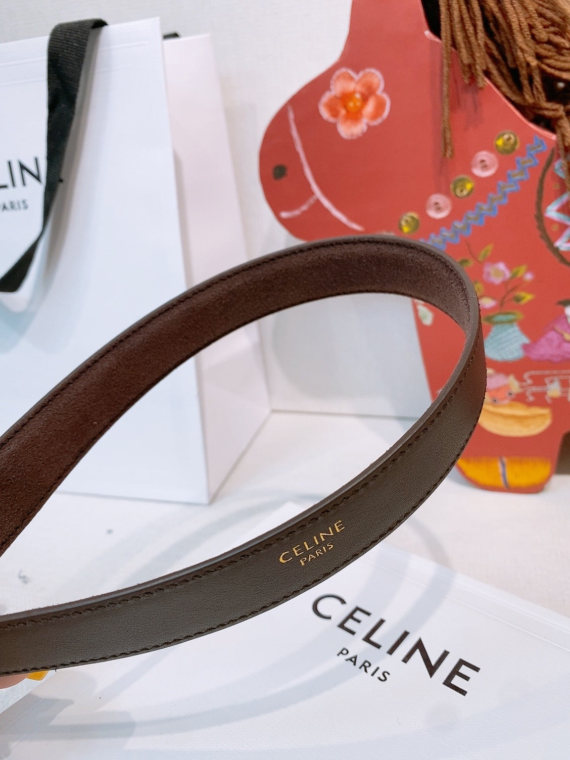 Celine Triomphe Oval Belt 2.5cm Coffee Gold Calfskin 203768