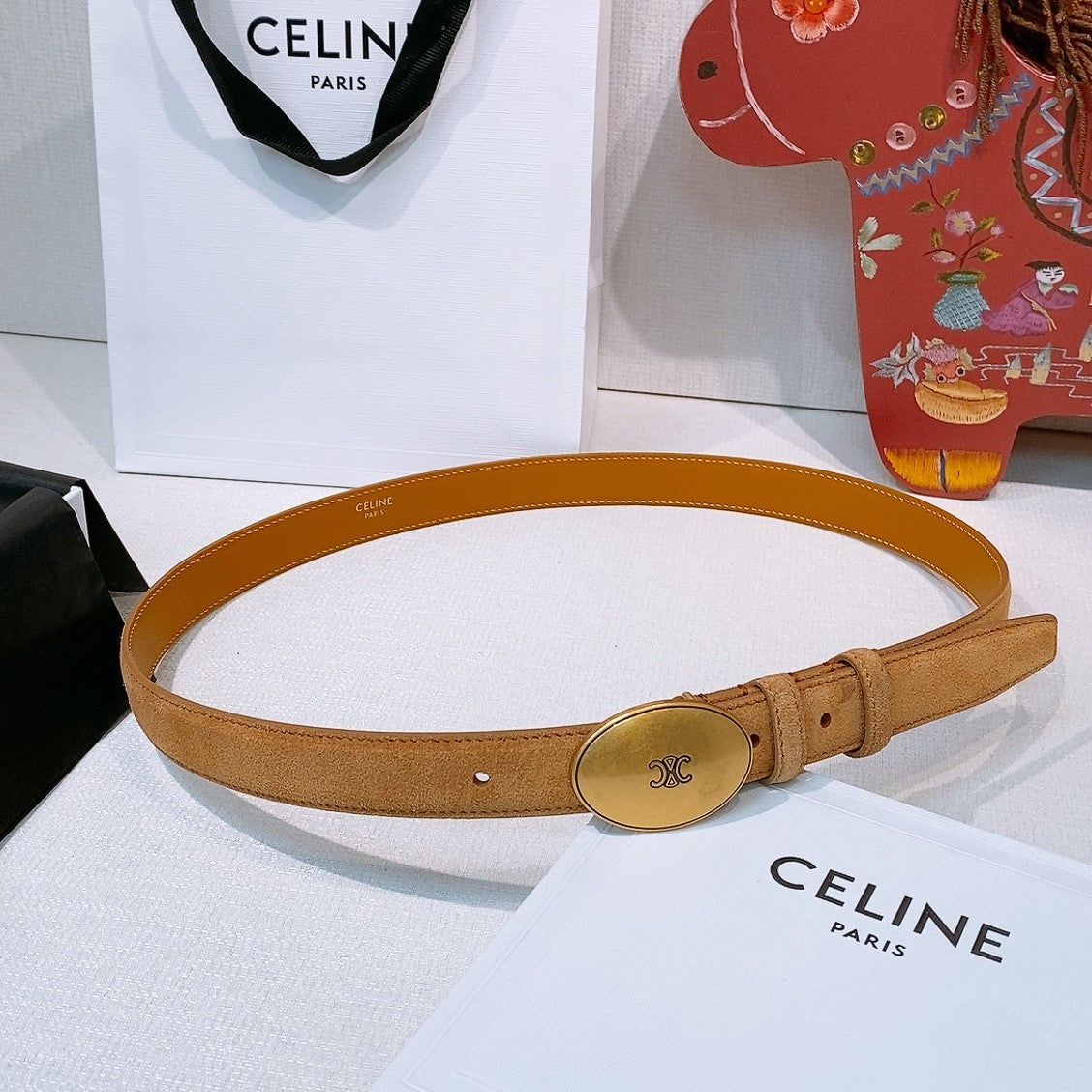 Celine Triomphe Oval Belt 2.5cm Tan Brown Suede 203767