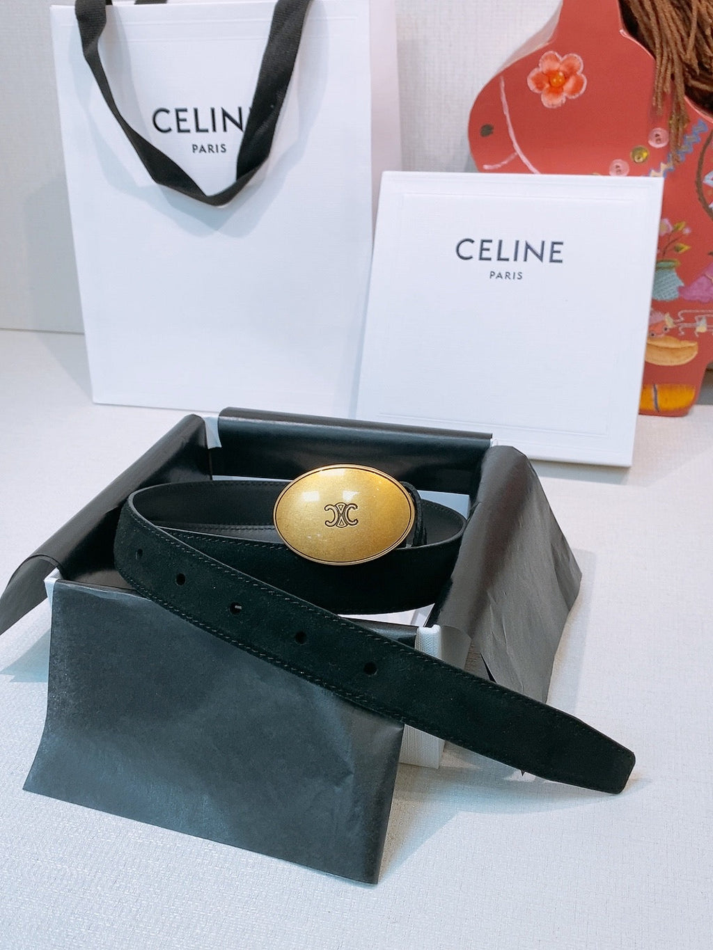 Celine Triomphe Oval Belt 2.5cm Black Gold Calfskin 203766