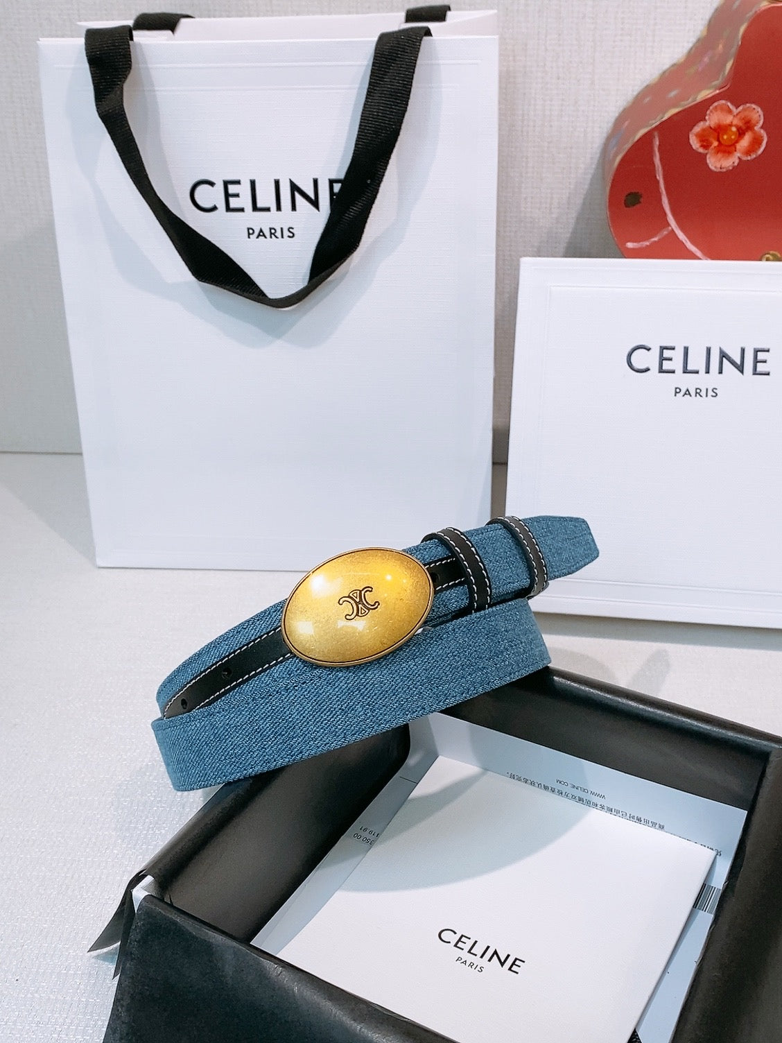 Celine Triomphe Oval Belt 2.5cm Blue Gold Denim 203765