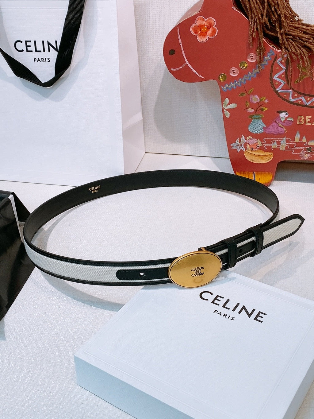 Celine Triomphe Oval Belt 2.5cm White Gold Canvas 203764