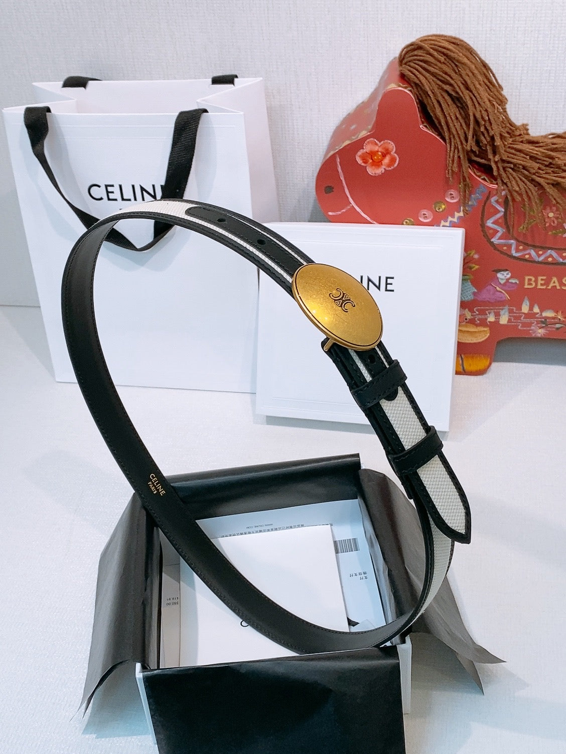 Celine Triomphe Oval Belt 2.5cm White Gold Canvas 203764