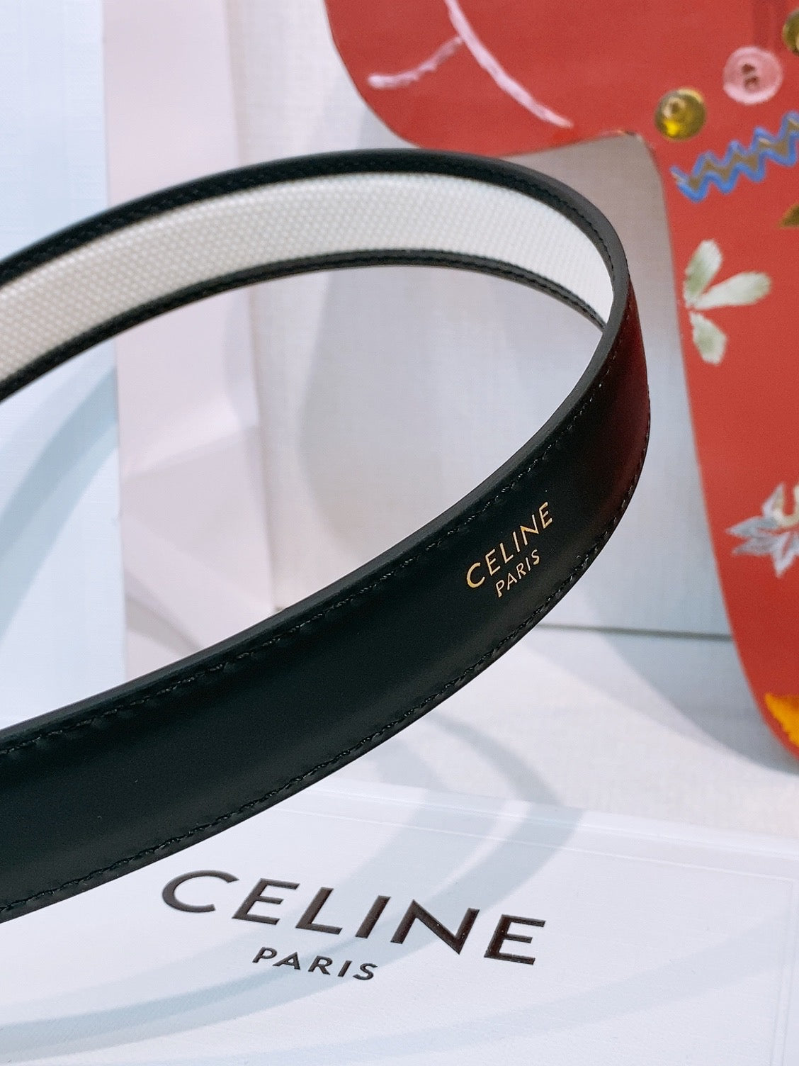 Celine Triomphe Oval Belt 2.5cm White Gold Canvas 203764