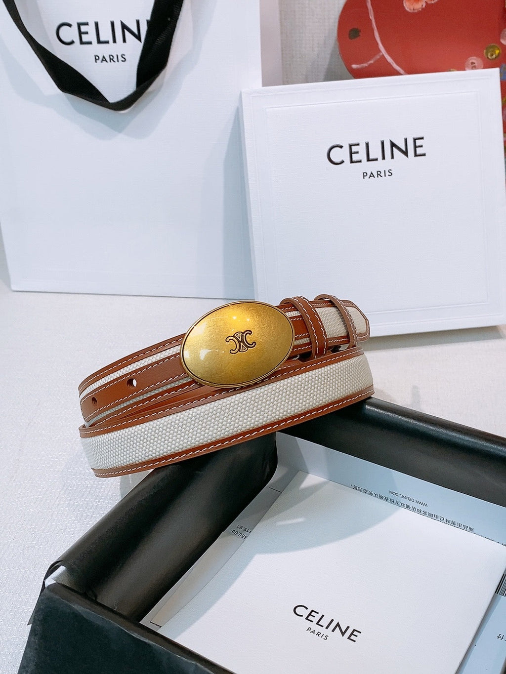 Celine Triomphe Oval Belt 2.5cm Brown White Gold Canvas 203763