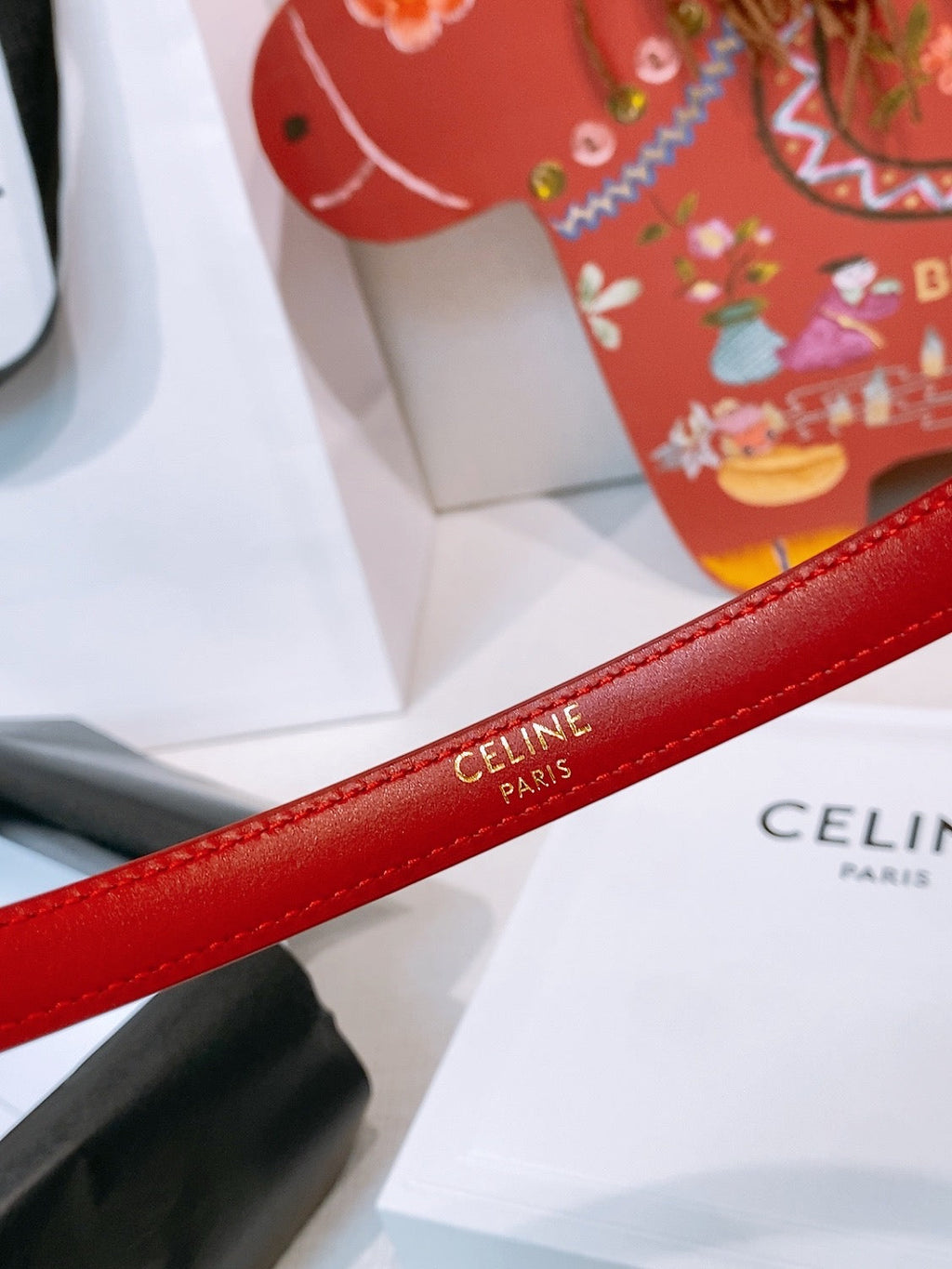 Celine Teen Maison Belt 1.3cm Red Gold Calfskin 203749