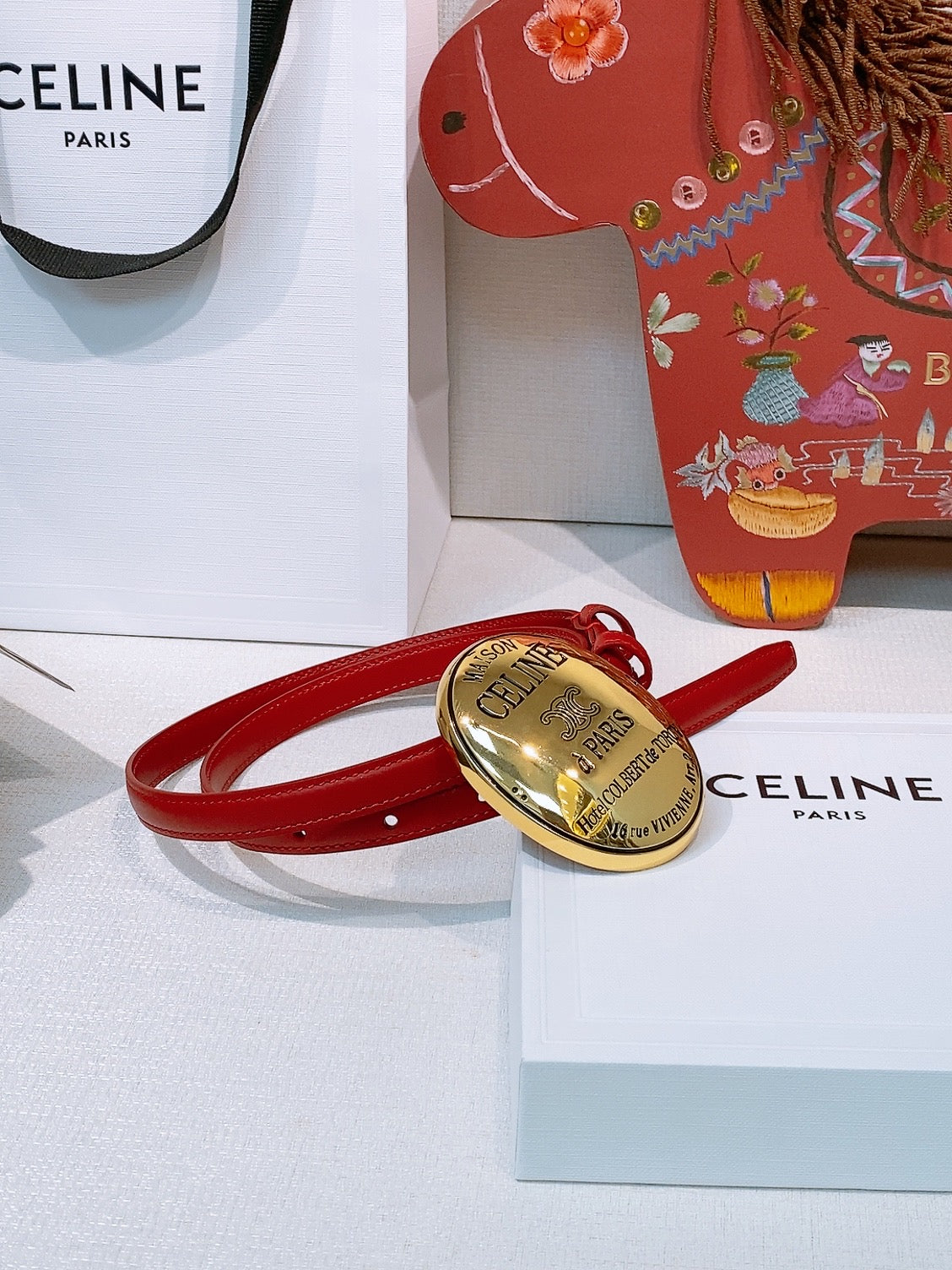 Celine Teen Maison Belt 1.3cm Red Gold Calfskin 203749