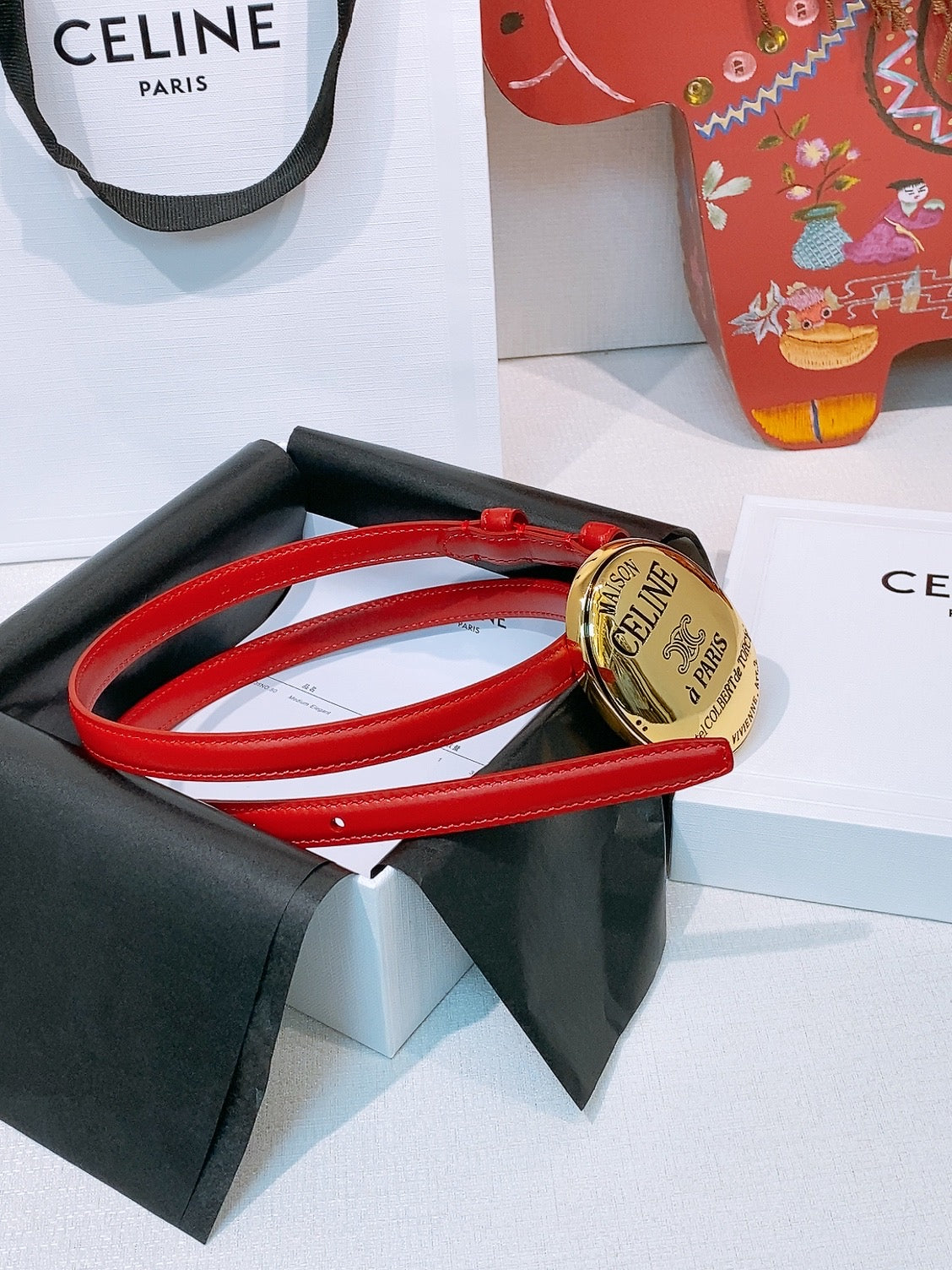 Celine Teen Maison Belt 1.3cm Red Gold Calfskin 203749