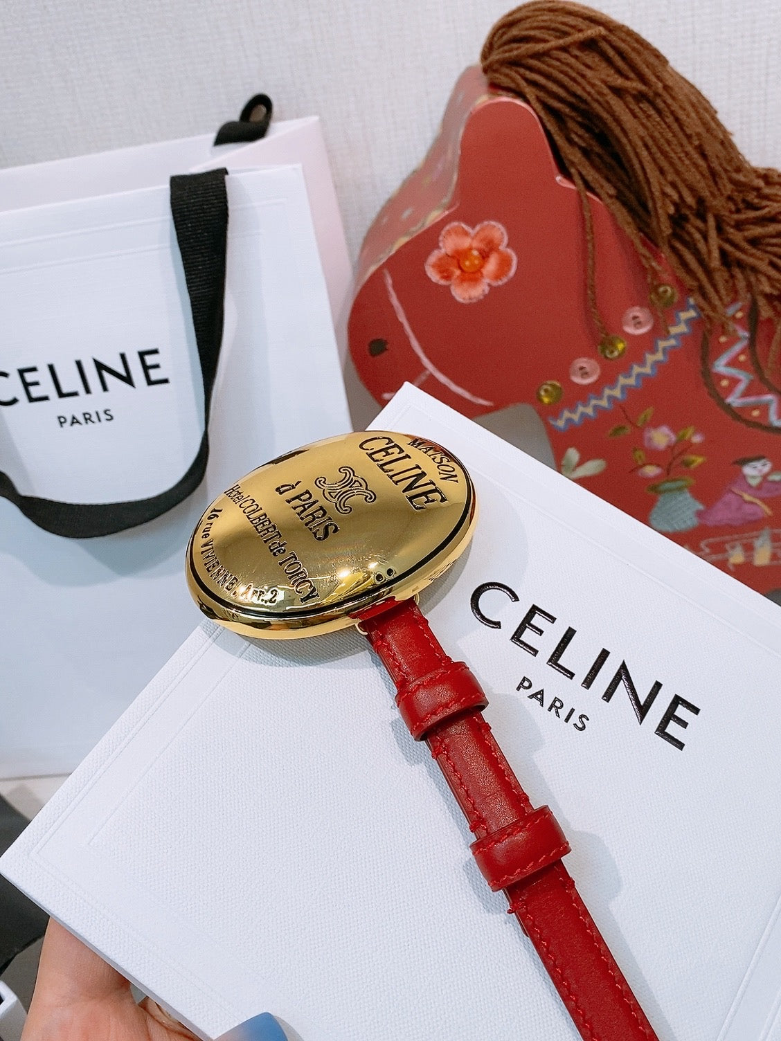 Celine Teen Maison Belt 1.3cm Red Gold Calfskin 203749