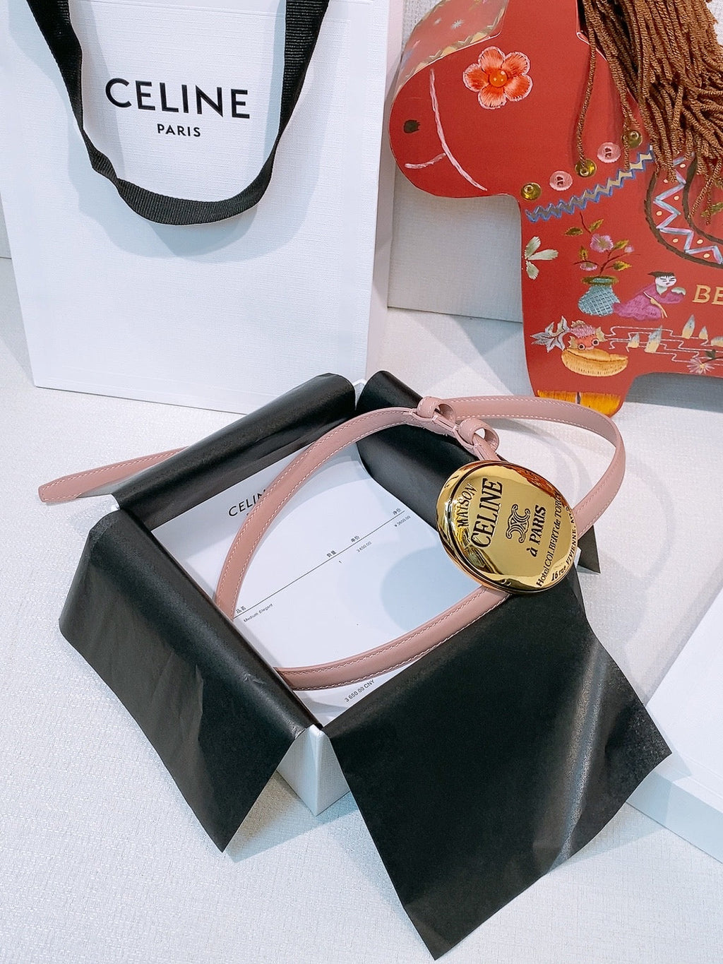 Celine Teen Maison Belt 1.3cm Light Pink Gold Calfskin 203748