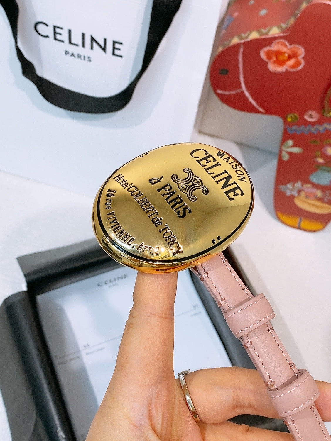 Celine Teen Maison Belt 1.3cm Light Pink Gold Calfskin 203748