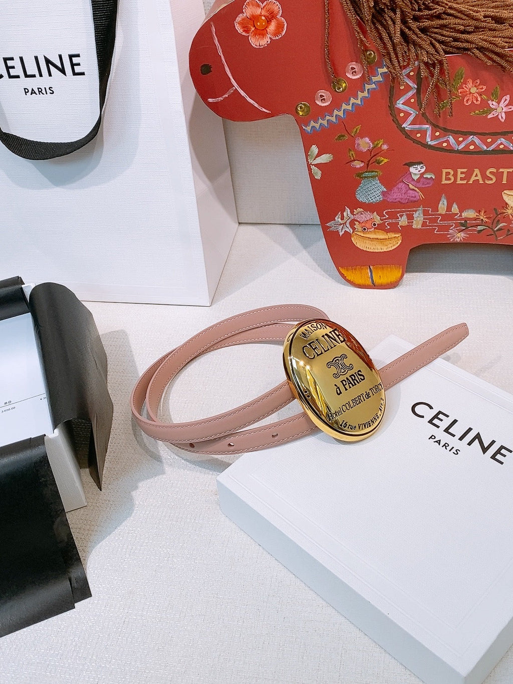 Celine Teen Maison Belt 1.3cm Light Pink Gold Calfskin 203748