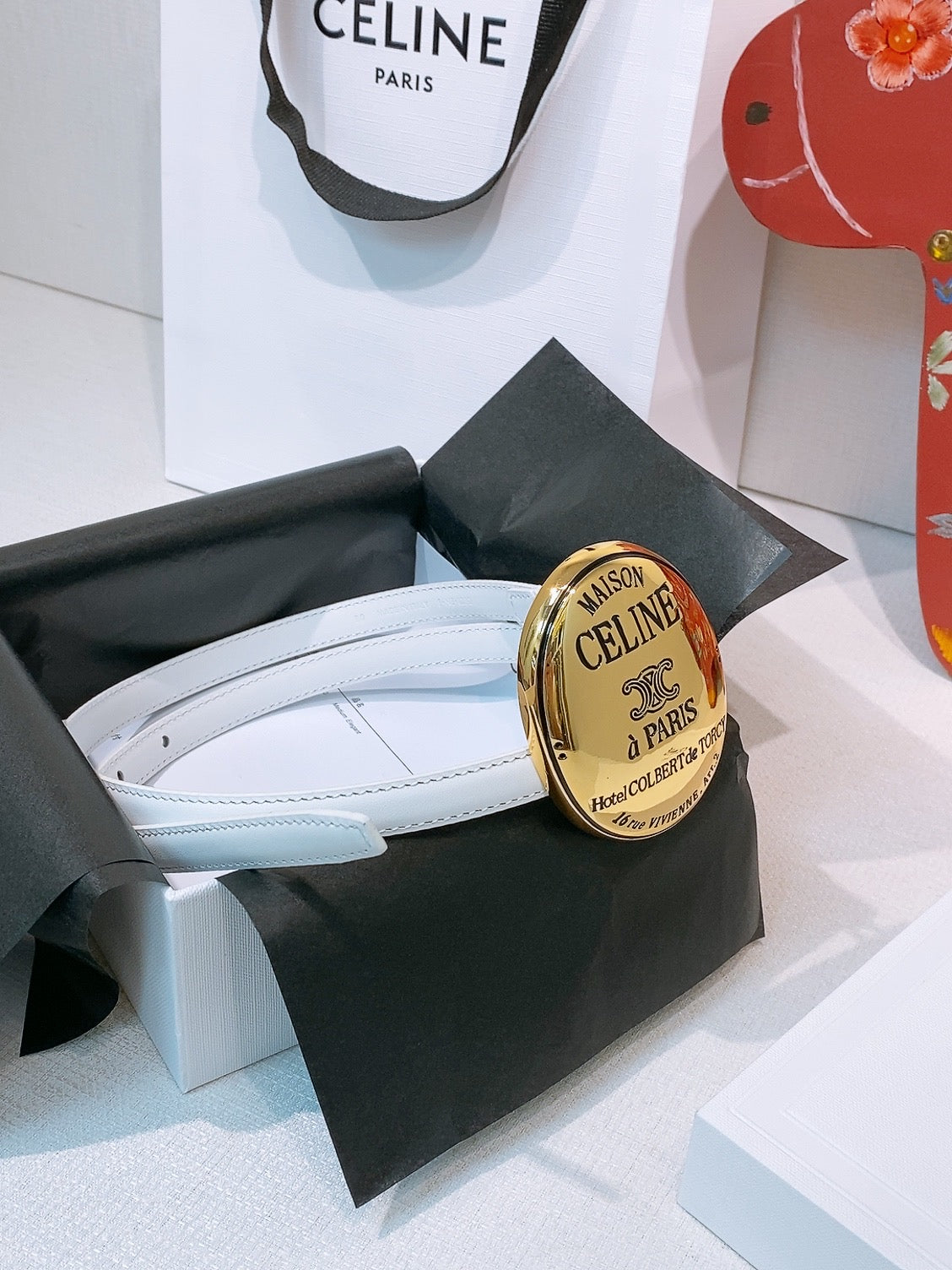 Celine Teen Maison Belt 1.3cm White Gold Calfskin 203747