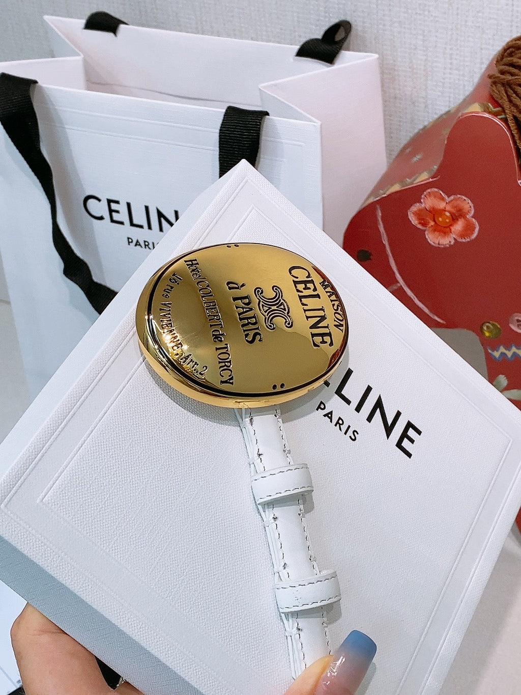 Celine Teen Maison Belt 1.3cm White Gold Calfskin 203747
