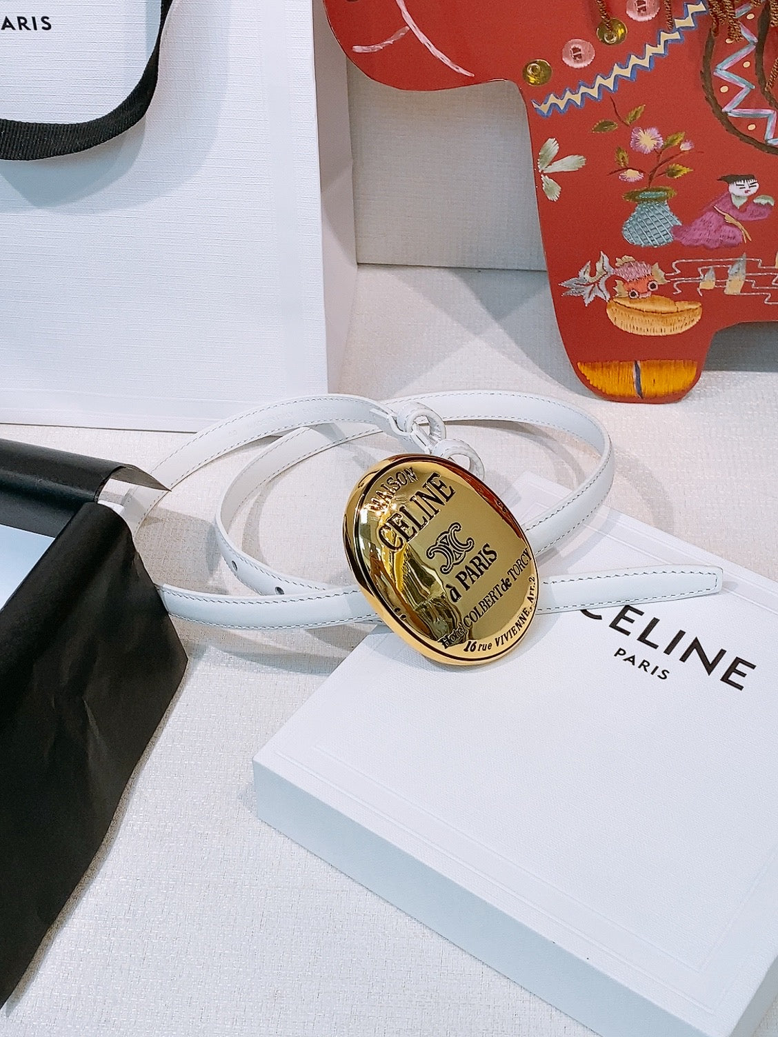 Celine Teen Maison Belt 1.3cm White Gold Calfskin 203747