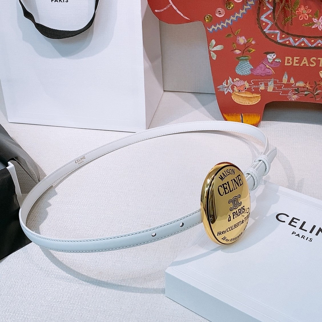 Celine Teen Maison Belt 1.3cm White Gold Calfskin 203747