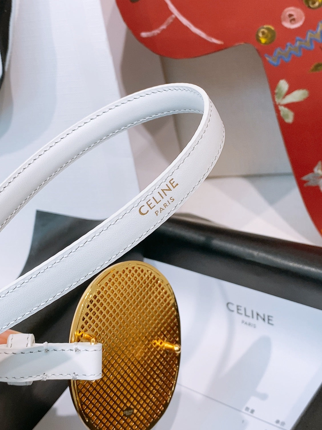 Celine Teen Maison Belt 1.3cm White Gold Calfskin 203747