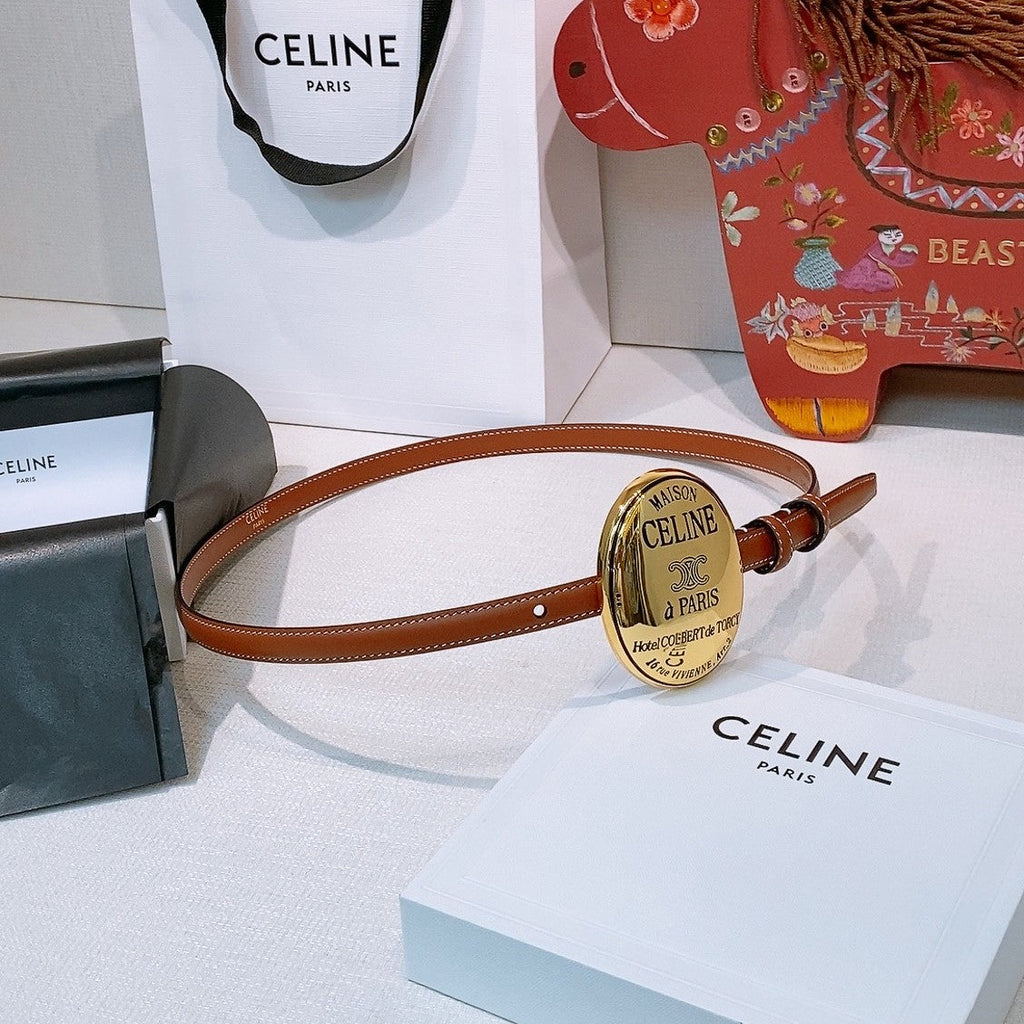 Celine Teen Maison Belt 1.3cm Brown Gold Calfskin 203746