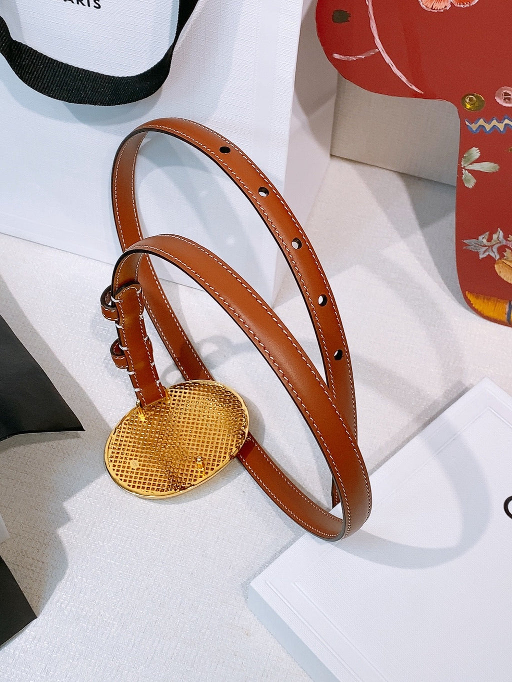 Celine Teen Maison Belt 1.3cm Brown Gold Calfskin 203746
