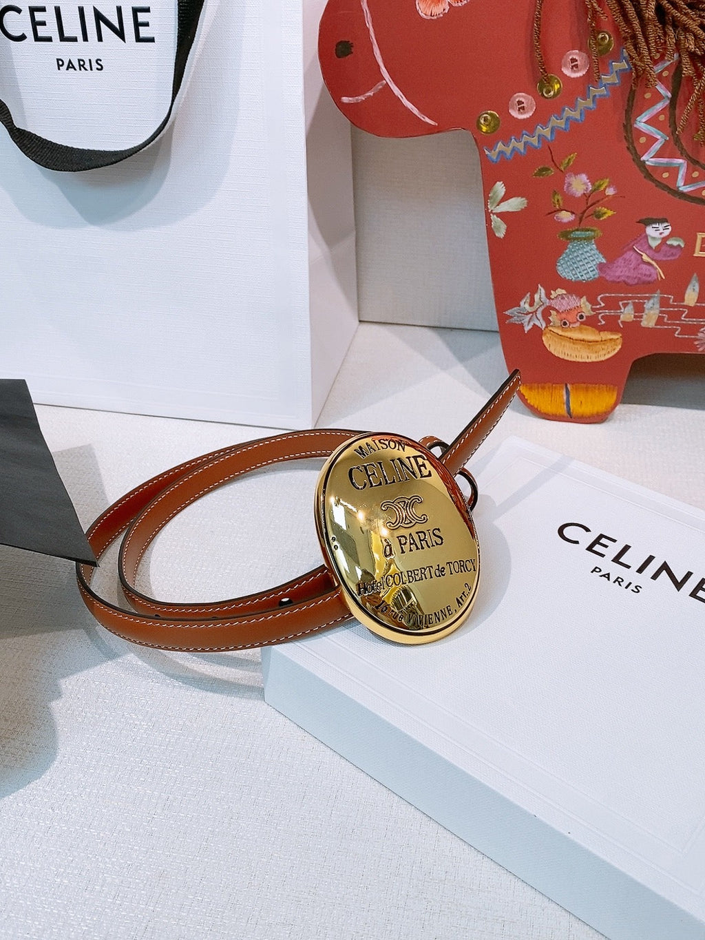 Celine Teen Maison Belt 1.3cm Brown Gold Calfskin 203746