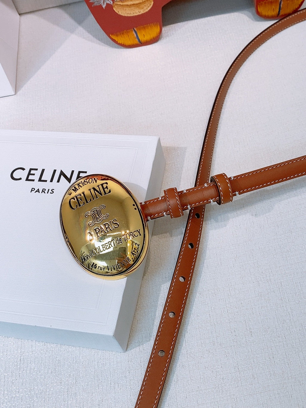 Celine Teen Maison Belt 1.3cm Brown Gold Calfskin 203746