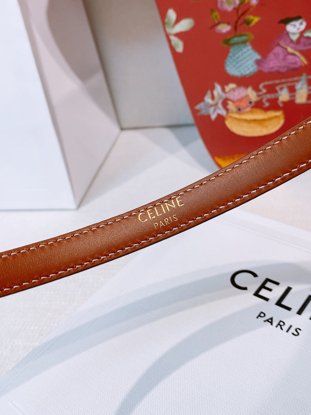 Celine Teen Maison Belt 1.3cm Brown Gold Calfskin 203746