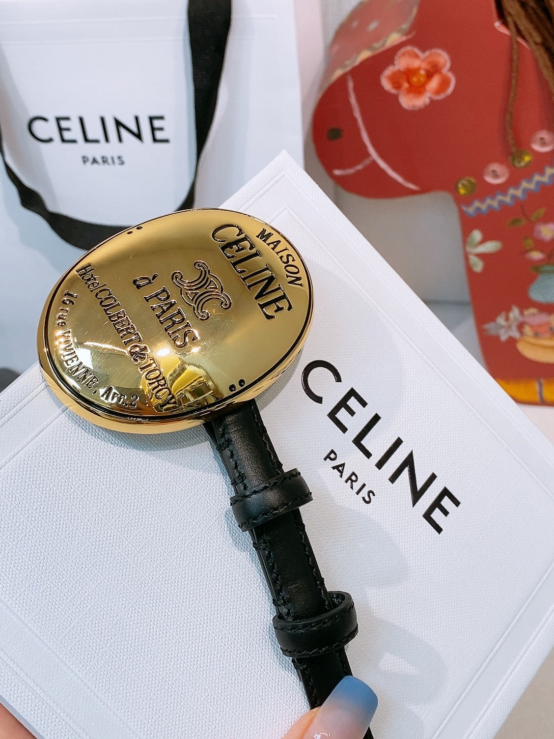 Celine Teen Maison Belt 1.3cm Black Gold Calfskin 203745