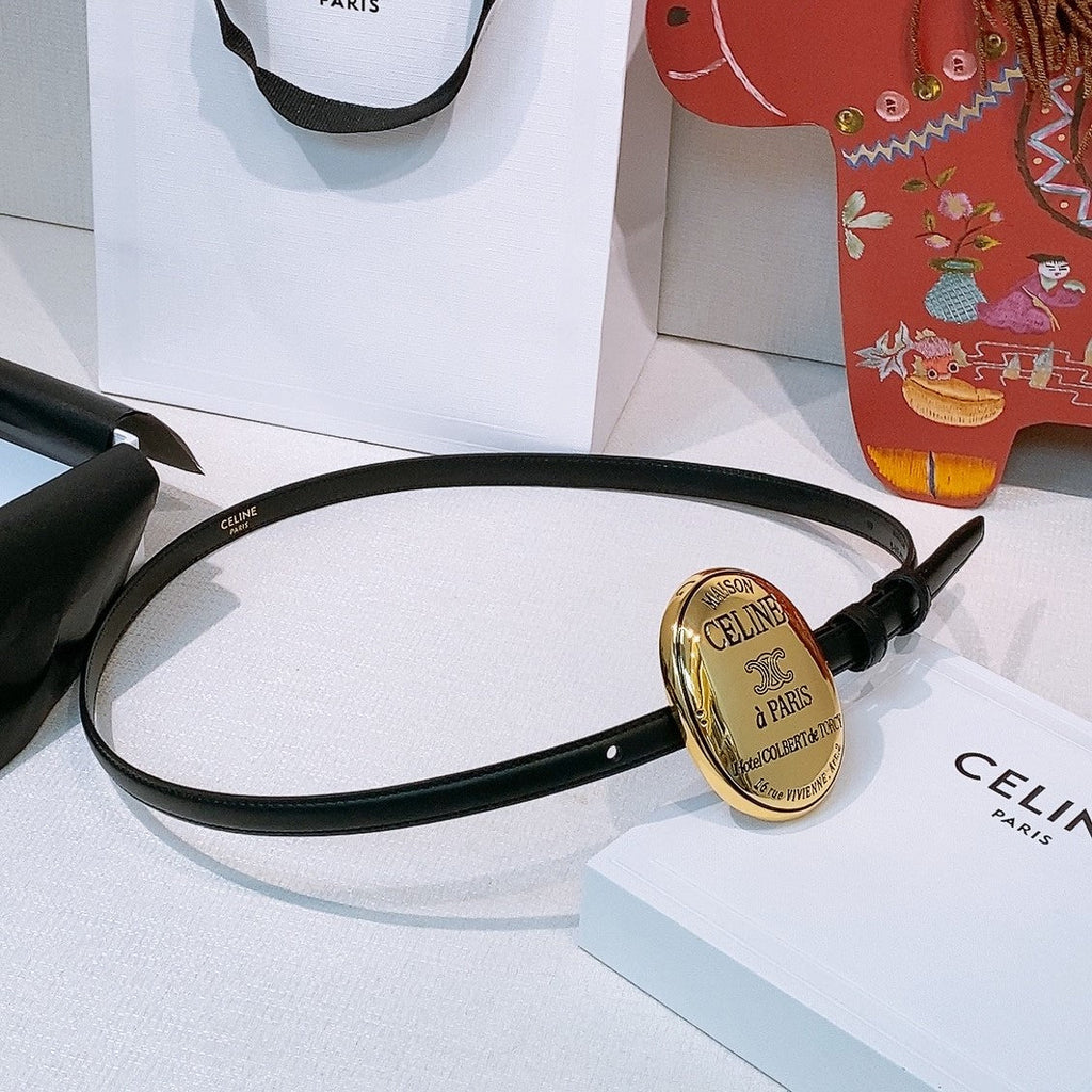 Celine Teen Maison Belt 1.3cm Black Gold Calfskin 203745