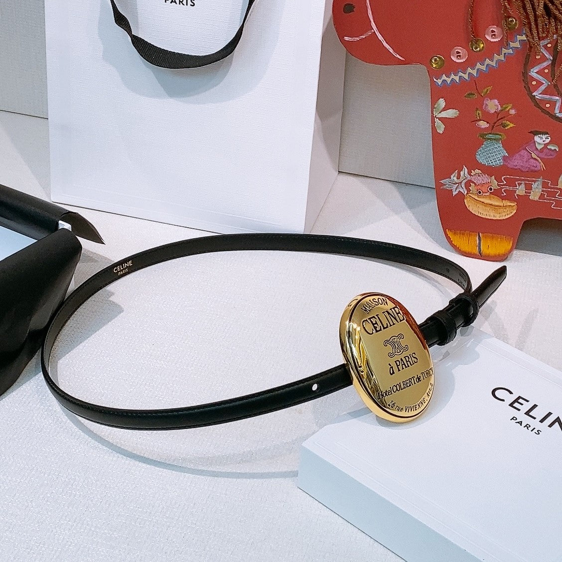 Celine Teen Maison Belt 1.3cm Black Gold Calfskin 203745
