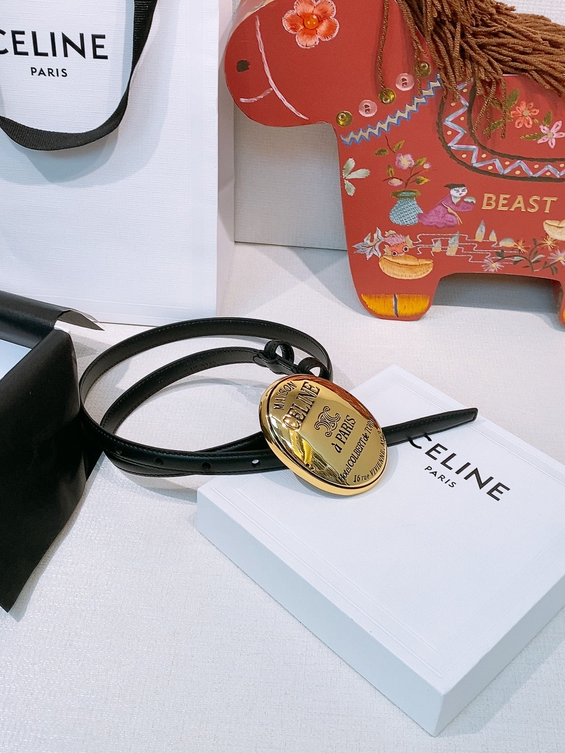 Celine Teen Maison Belt 1.3cm Black Gold Calfskin 203745